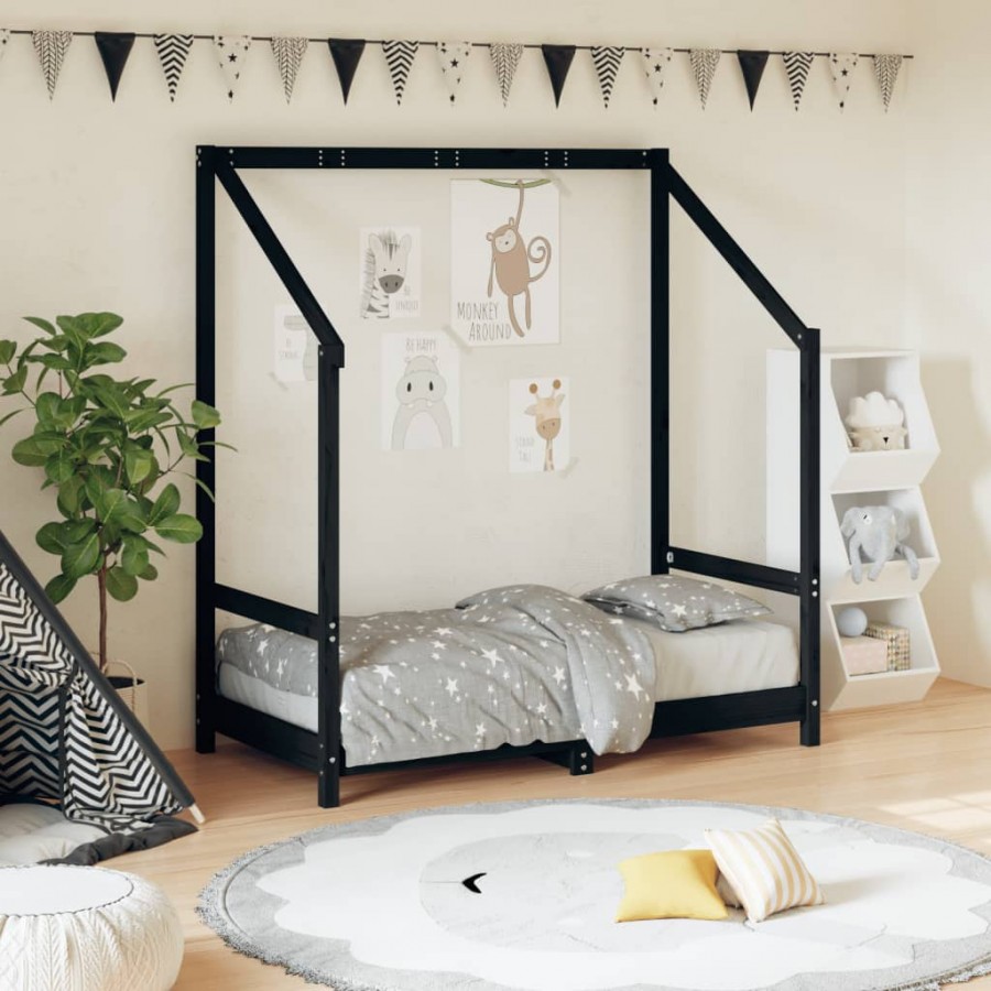 Cadre de lit pour enfant noir 70x140 cm bois de pin massif