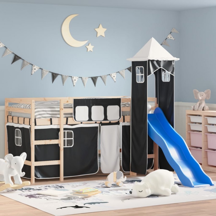 Lit mezzanine enfants avec tour blanc/noir 80x200cm pin massif