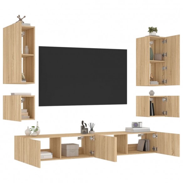 Meuble TV muraux 6 pcs avec lumières LED chêne sonoma