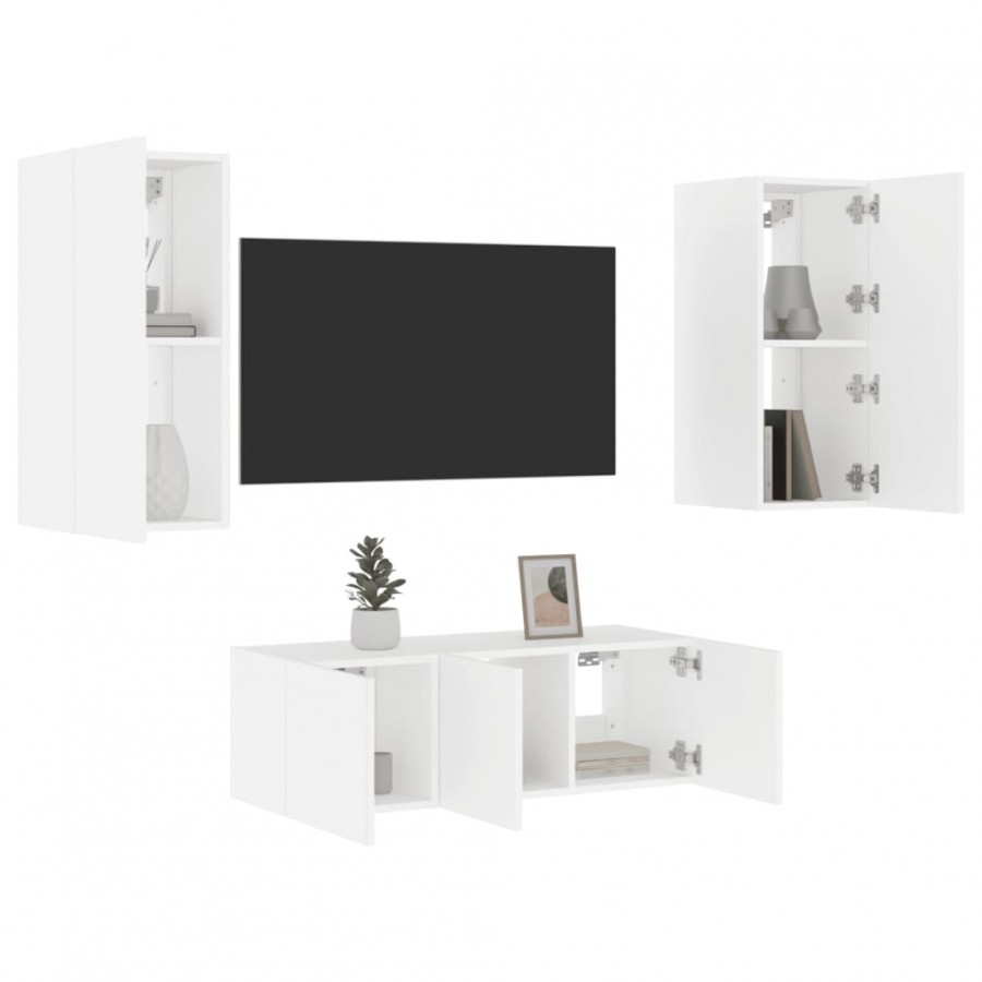 Unités murales TV avec LED 4 pcs blanc bois d'ingénierie