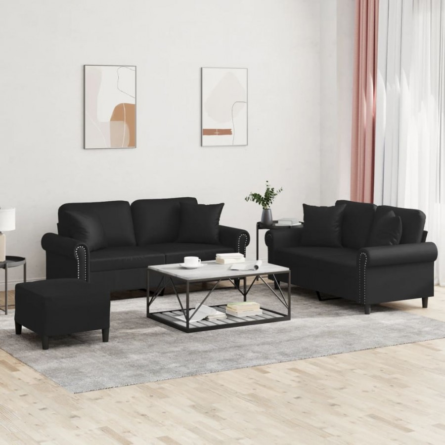 Ensemble de canapés 3 pcs avec coussins noir similicuir