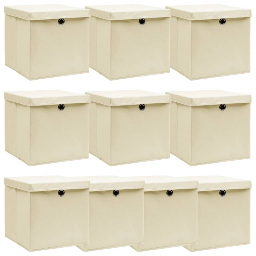 Boîtes de rangement à couvercles 10 pcs Crème 32x32x32 cm Tissu