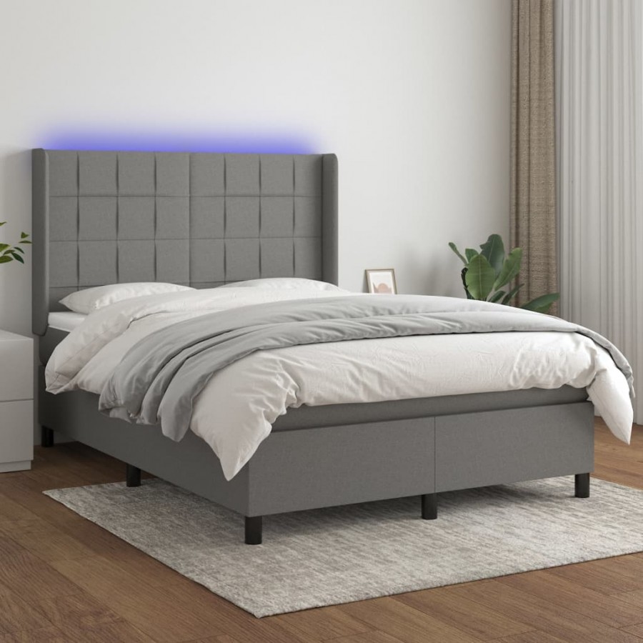 Cadre de lit matelas LED Gris foncé 140x200 cm Tissu