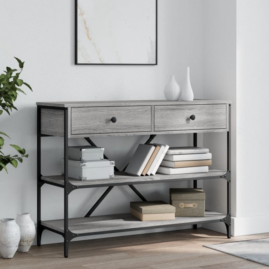 Table console avec tiroirs et étagères gris bois d'ingénierie