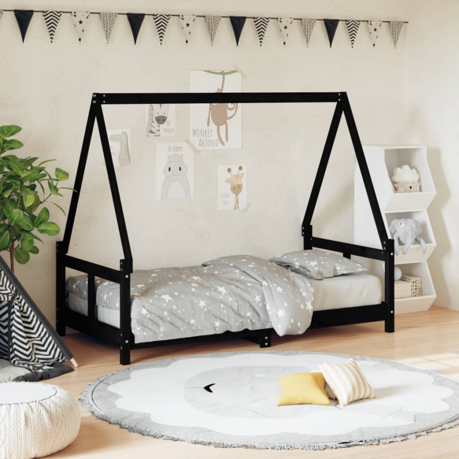 Cadre de lit pour enfant noir 80x160 cm bois de pin massif