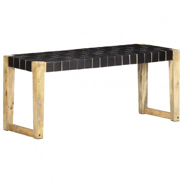 Banc 110 cm Noir Cuir véritable et bois de manguier massif