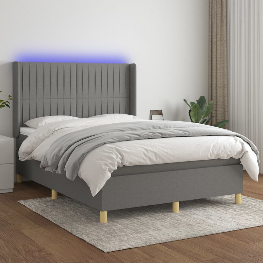 Cadre de lit matelas LED Gris foncé 140x190 cm Tissu