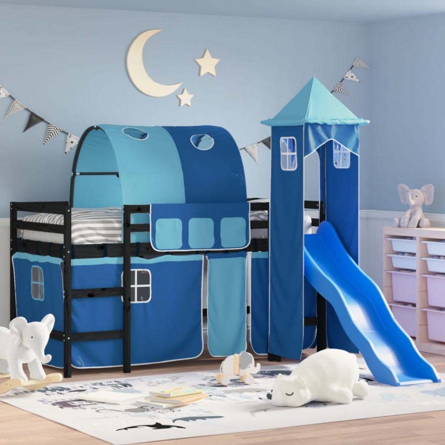 Lit mezzanine enfants avec tour bleu 80x200cm bois pin massif