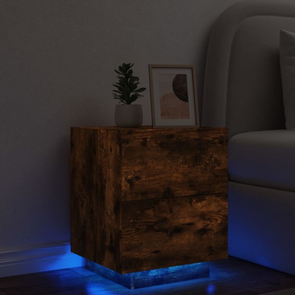 Armoire de chevet et lumières LED chêne fumé bois d'ingénierie