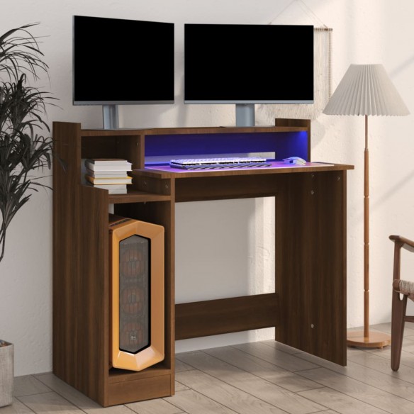 Bureau et lumières LED Chêne brun 97x45x90 cm Bois d'ingénierie