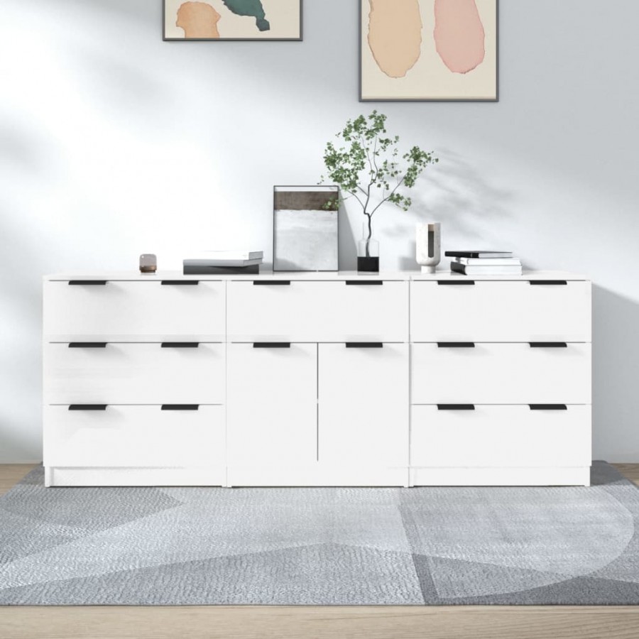 Buffets 3 pcs Blanc brillant Bois d'ingénierie