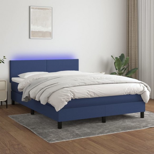 Cadre de lit avec matelas LED Bleu 140x200 cm Tissu