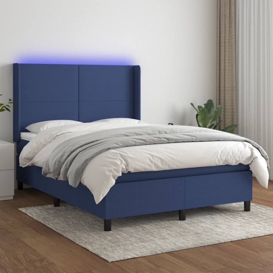 Cadre de lit matelas et LED Bleu 140x190 cm Tissu