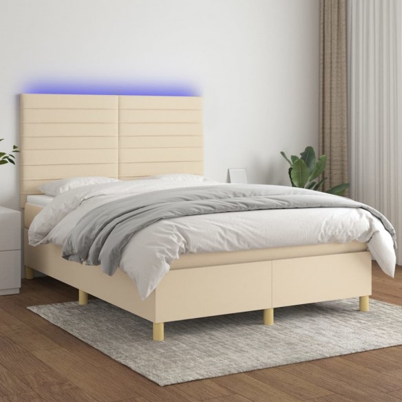 Cadre de lit et matelas et LED Crème 140x200cm Tissu