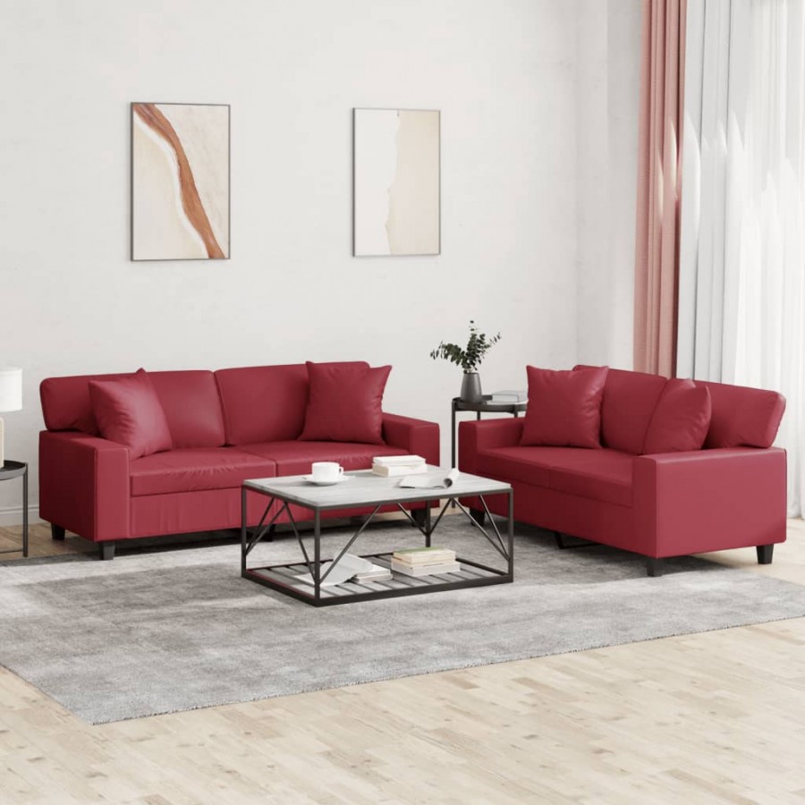 Ensemble de canapés 2 pcs et coussins rouge bordeaux similicuir