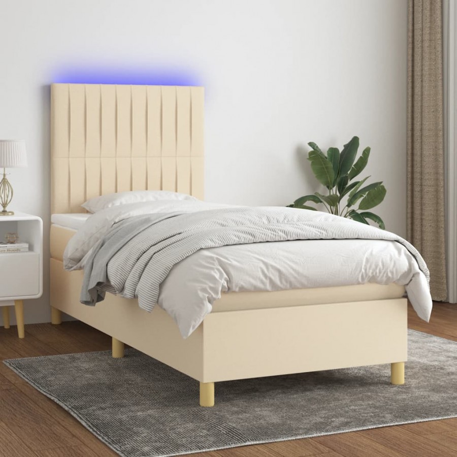 Cadre de lit et matelas et LED Crème 90x190 cm Tissu