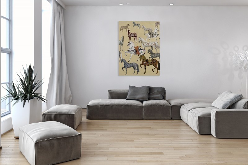 Tableau décoratif 90x120 cm en tissu beige "Chevaux"