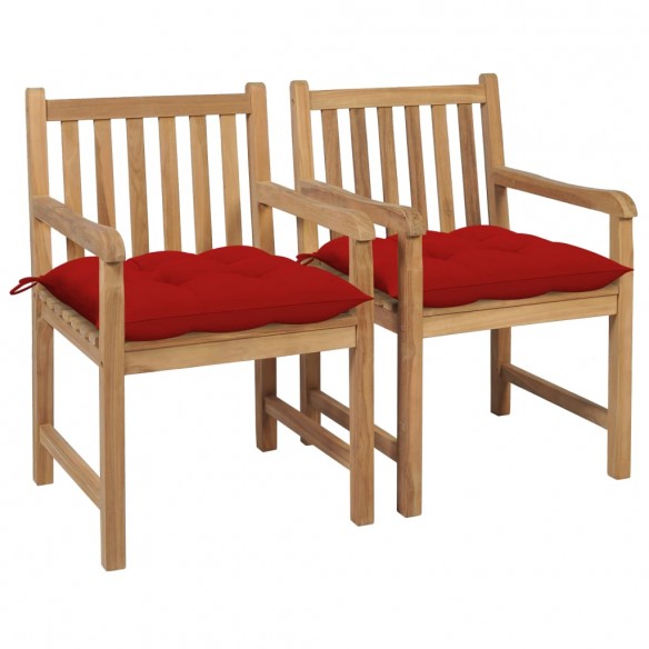 Chaises de jardin 2 pcs avec coussins rouge Bois de teck massif