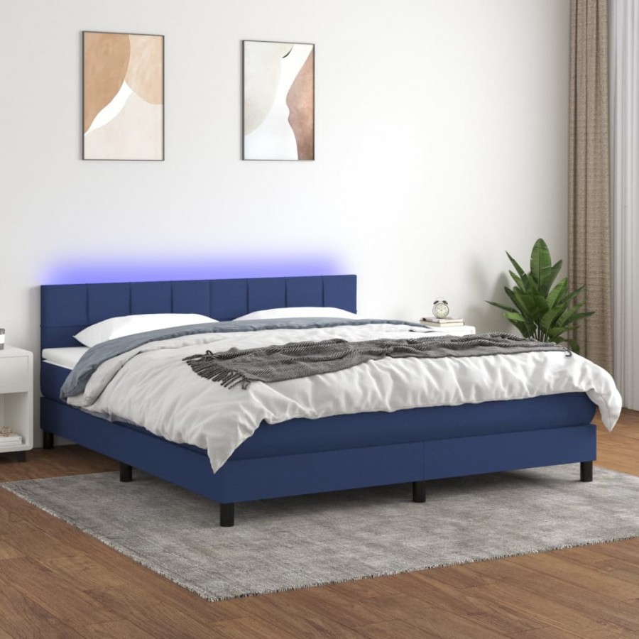 Cadre de lit avec matelas LED Bleu 160x200 cm Tissu