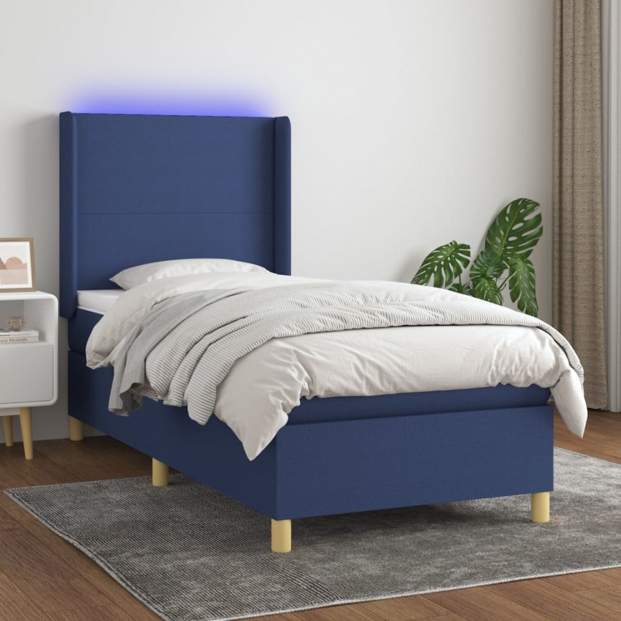 Cadre de lit matelas et LED Bleu 90x200 cm Tissu