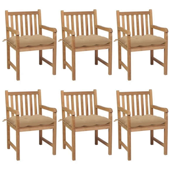 Chaises de jardin 6 pcs avec coussins beige Bois de teck solide