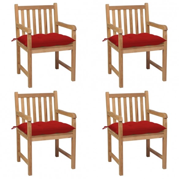 Chaises de jardin 4 pcs avec coussins rouge Bois de teck solide