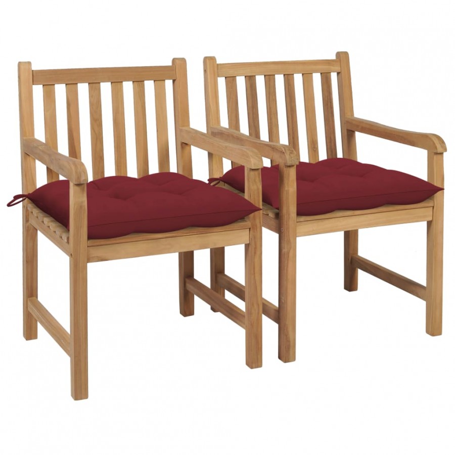 Chaises de jardin 2 pcs avec coussins bordeaux Teck massif