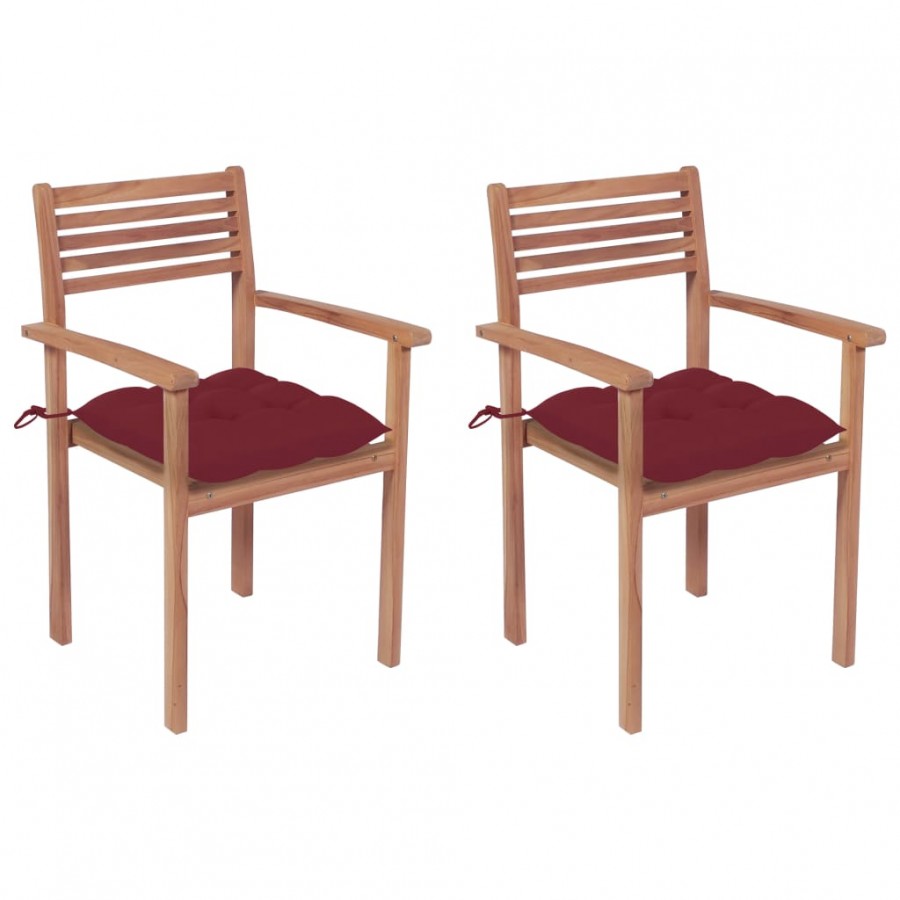 Chaises de jardin 2 pcs avec coussins bordeaux Teck massif