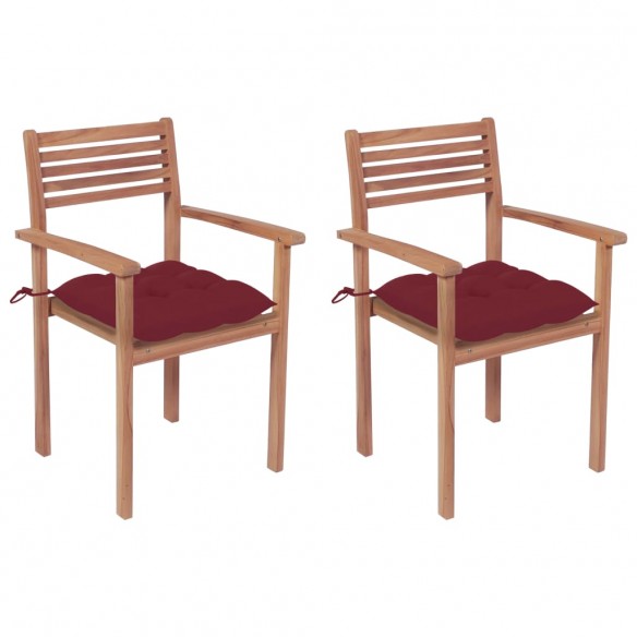 Chaises de jardin 2 pcs avec coussins bordeaux Teck massif