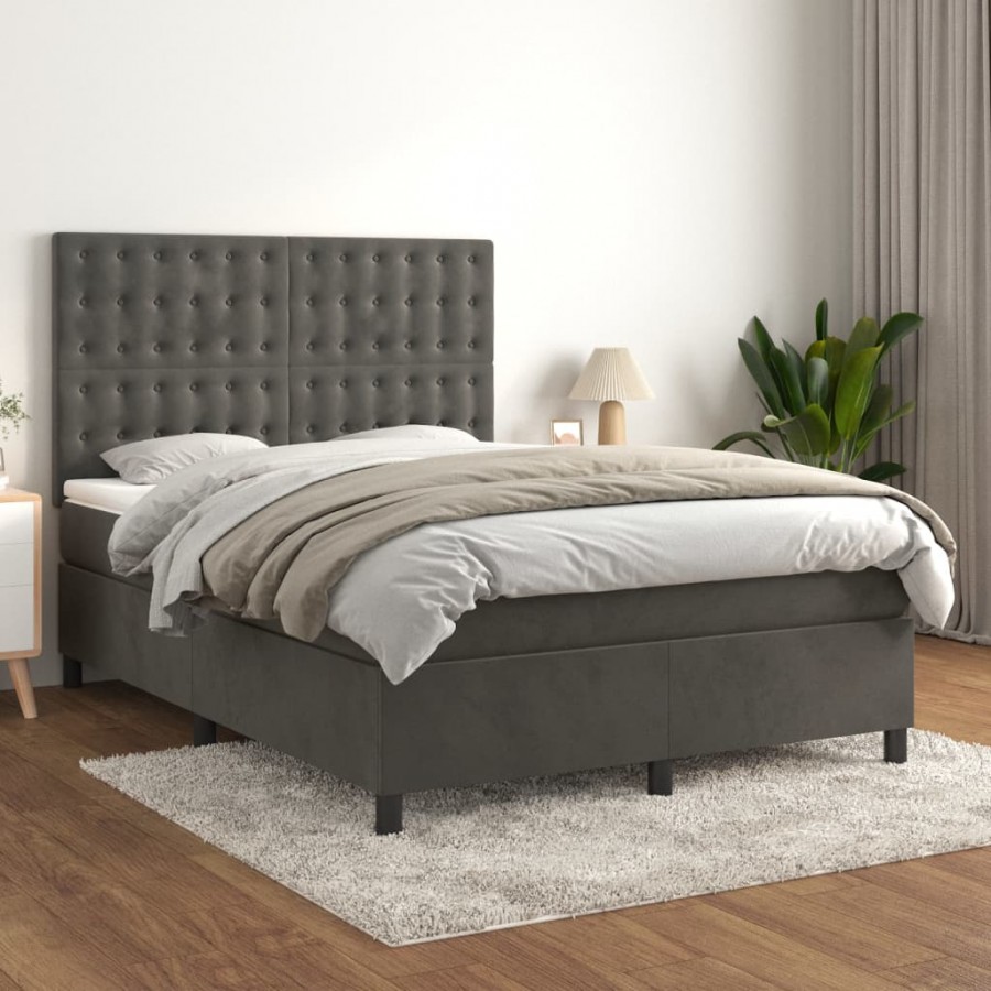 Cadre de lit et matelas Gris foncé 140x200cm Velours