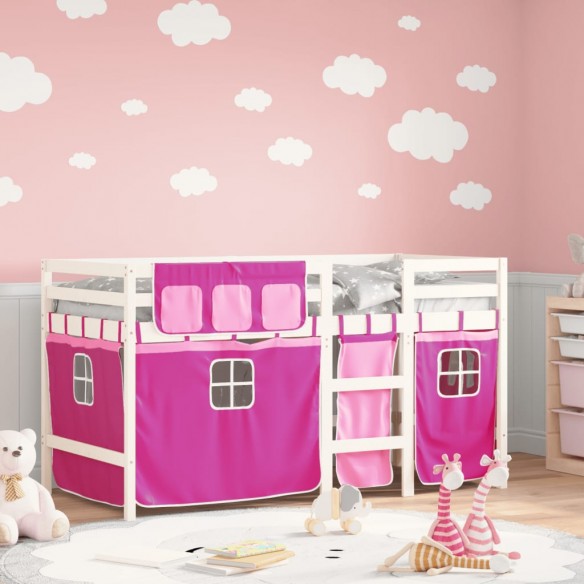 Lit mezzanine enfants et rideaux rose 90x200cm bois pin massif