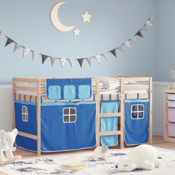 Lit mezzanine enfants et rideaux bleu 80x200cm bois pin massif