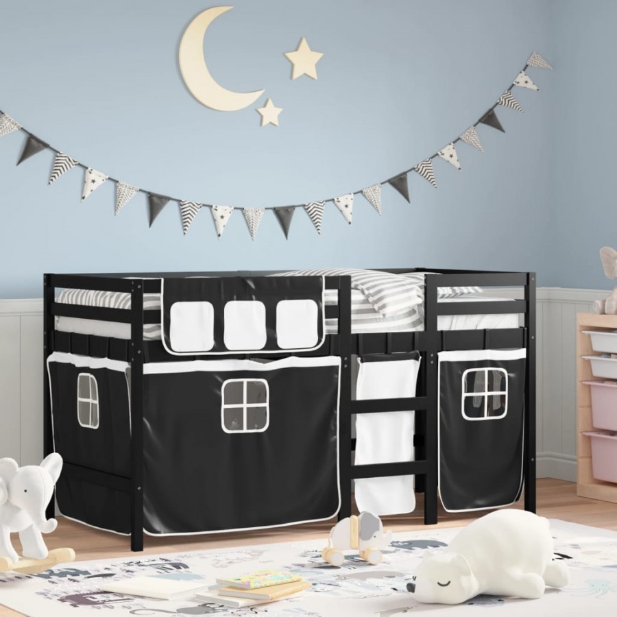 Lit mezzanine enfants et rideaux blanc/noir 90x200cm pin massif