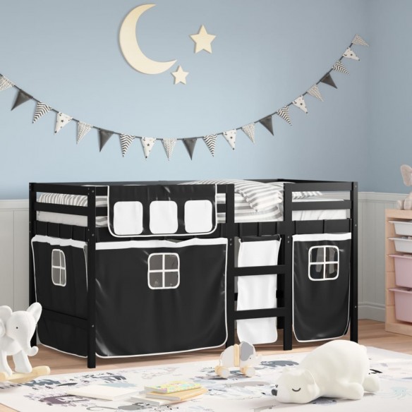 Lit mezzanine enfants et rideaux blanc/noir 80x200cm pin massif