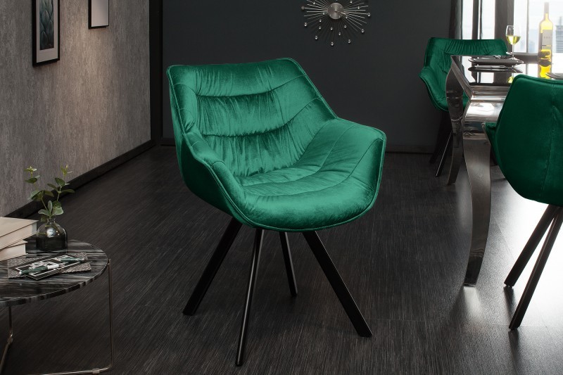 Chaise design scandinave de salle à manger coloris vert émeraude en microfibre avec piétement en métal