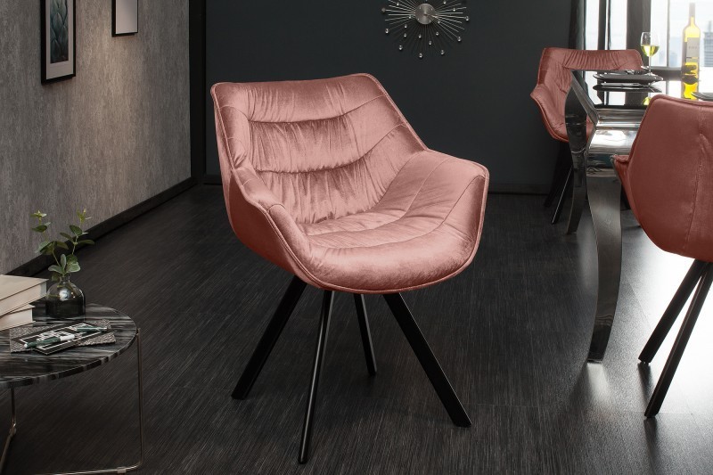 Chaise design scandinave de salle à manger coloris rose sombre en microfibre avec piétement en métal