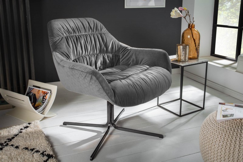 Fauteuil pivotante velours design coloris gris en microfibre avec accoudoirs