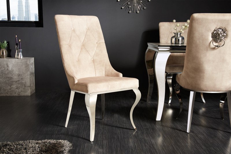 Chaises design capitonné PAULA avec pied baroque en acier inoxydable, velours, champagne