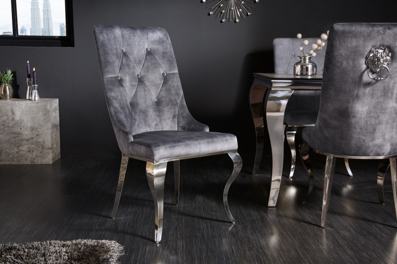 Chaises design capitonné PAULA avec pied baroque en acier inoxydable, velours, gris