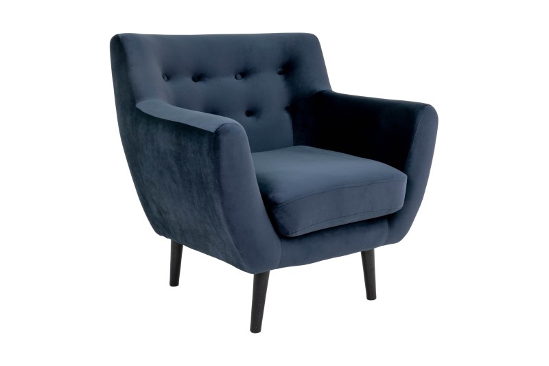 Fauteuil design scandinave en tissu bleu de nuit avec pieds en bois naturel