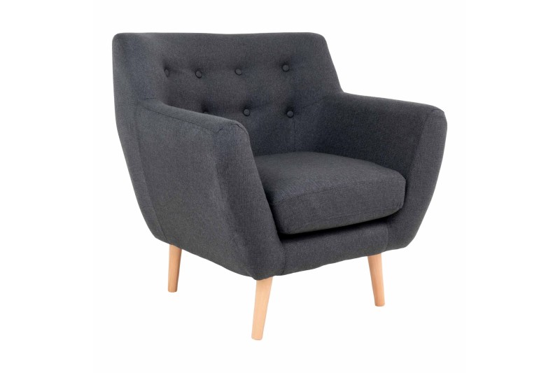 Fauteuil design scandinave en tissu gris foncé avec pieds en bois naturel