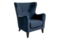 Fauteuil Compo au design classique revetement tissu couleur bleu foncé, pietement en bois hêtre