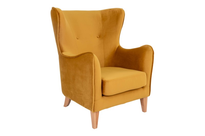 Fauteuil Compo au design classique revetement tissu couleur moutarde, pietement en bois hêtre