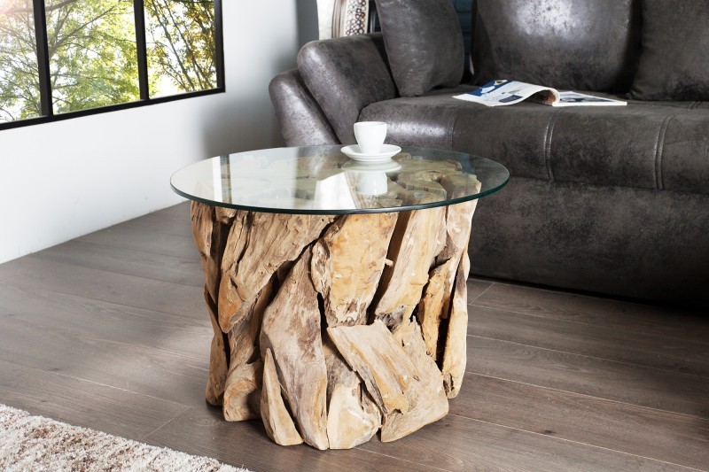 Table basse ronde en bois flotté et verre