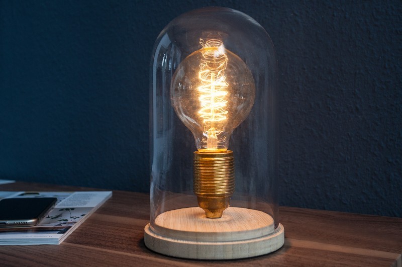 Lampe à poser design rétro en bois et verre