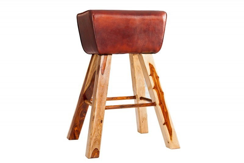 Tabouret design en bois massif et cuir marron