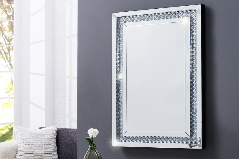 Miroir mural 90 cm design avec strass peint argent