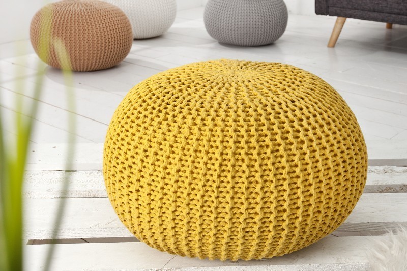 Pouf moderne de 50 cm en coton coloris jaune tricoté