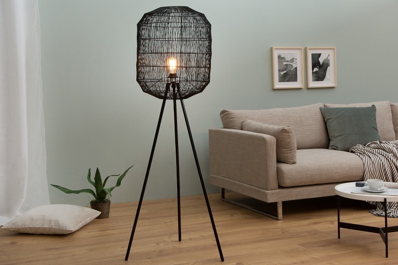 Lampadaire design cage coloris noir avec piétement en métal