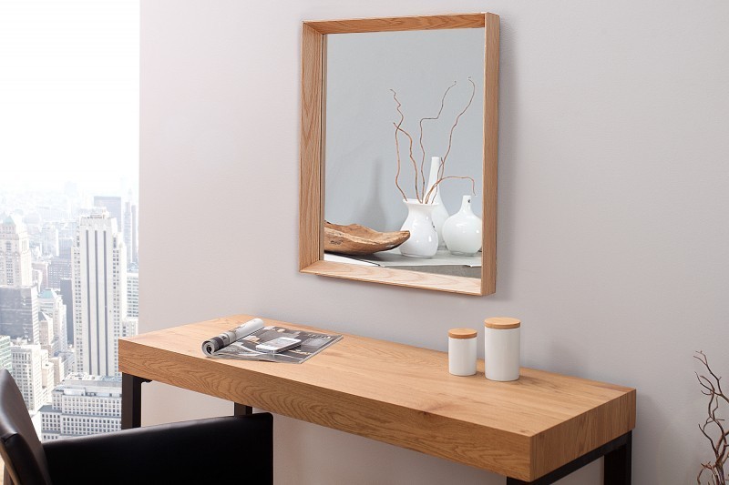 Miroir mural moderne avec cadre rectangulaire en bois massif coloris chêne naturel